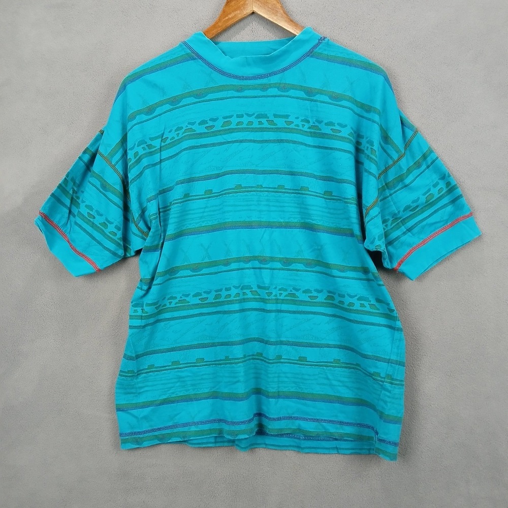 Vintage Generra T-Shirt Mens Large Teal Striped Graphic Cotton Short Sleeve
